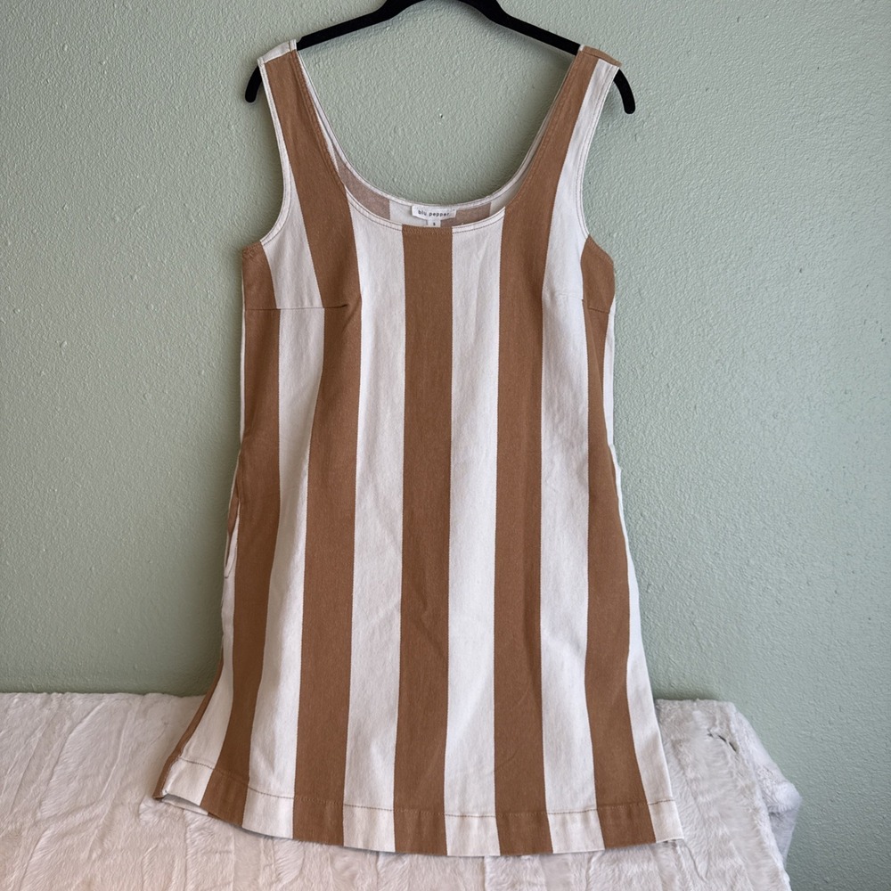 Blue Pepper White & Tan Stripe Denim Tank Jumper Shift Dress Coastal, Vacation S